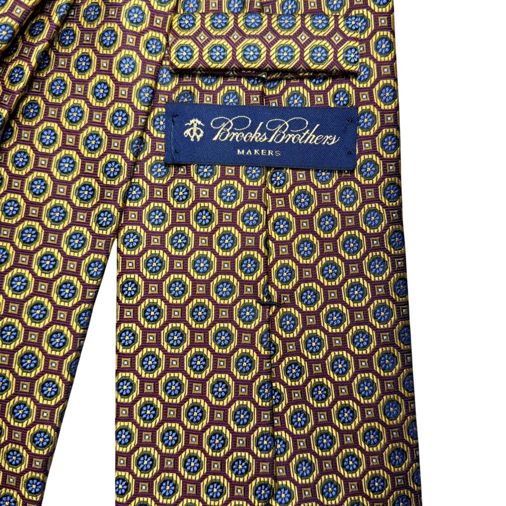 Brooks Brothers Makers Silk Tie Gold Blue Geometric Medallion Ivy League Mens